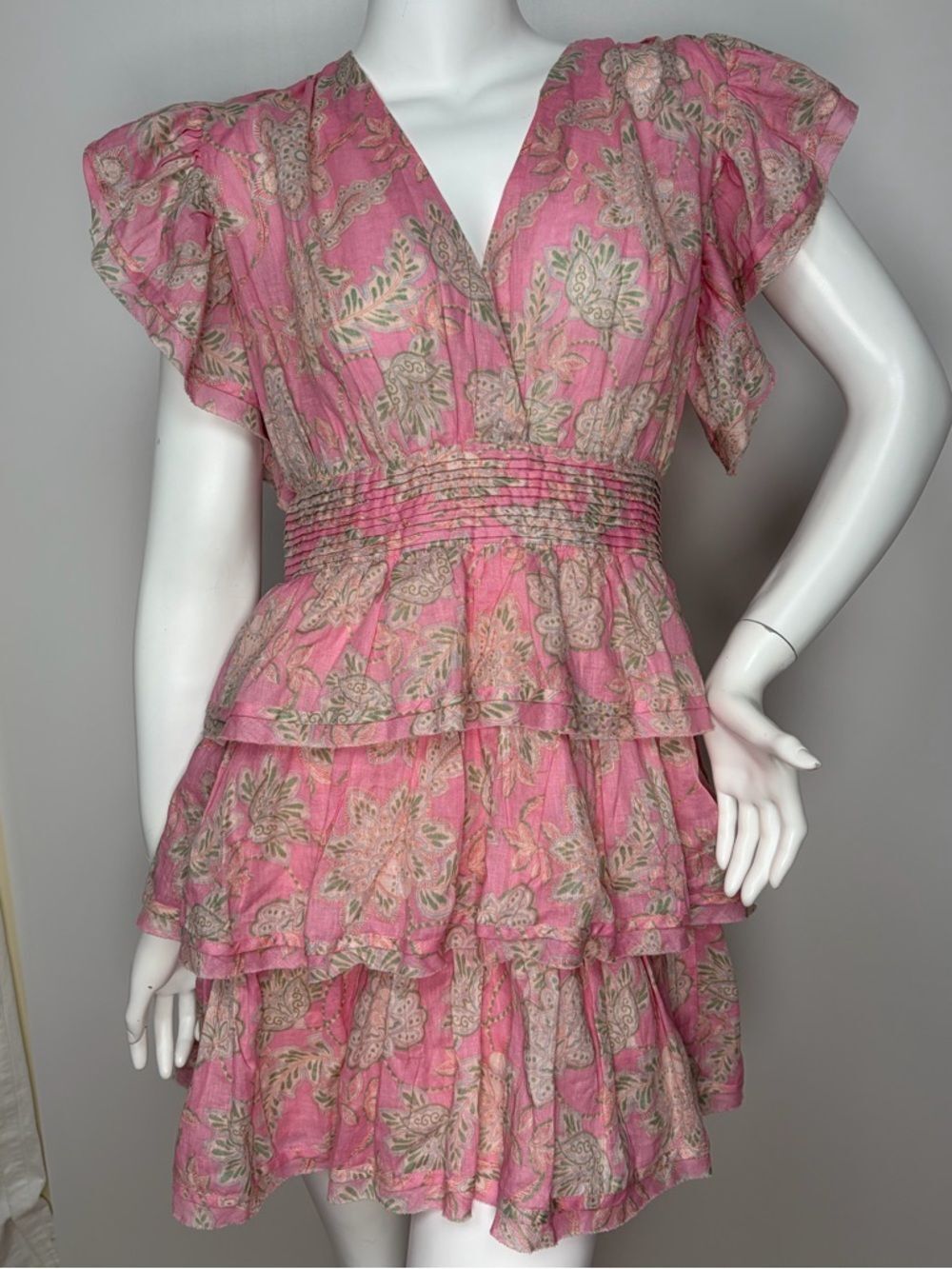 Olivaceous Kaylie Dress Pink Floral Tiered Mini Linen Cotton Boho Ruffle V-Neck